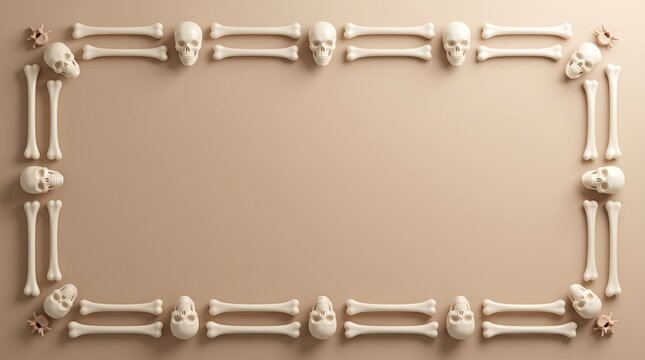 A rectangular frame made of human bones arranged symmetrically on a solid light brown background for halloween holiday designs