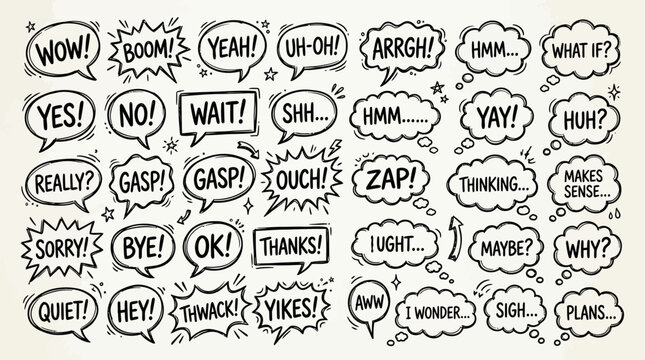 Hand-drawn collection of comic speech and thought bubbles with various exclamations and interjections on a textured background.