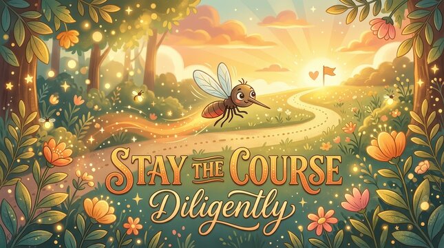 Whimsical mosquito character flying on a magical path towards a sunset goal with inspirational text 'Stay the Course Diligently'.