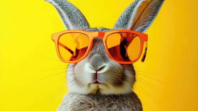 Rabbit Wearing Orange Sunglasses on a Yellow Background