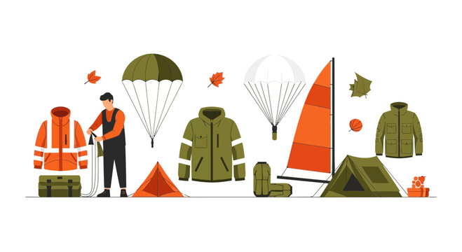 Flat Outdoor Survival and Extreme Adventure Gear Vector Illustration Set