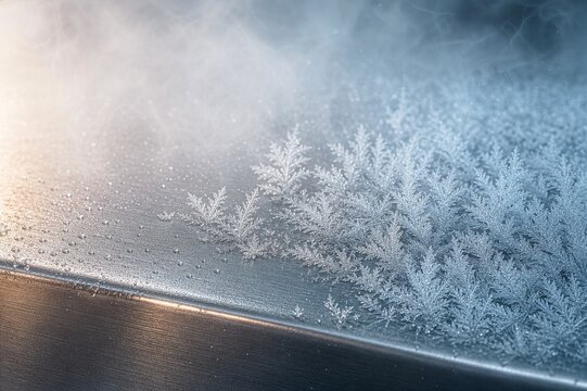 Frost crystals forming directly from water vapor, representing deposition, gas-to-solid phase change and atmospheric science.