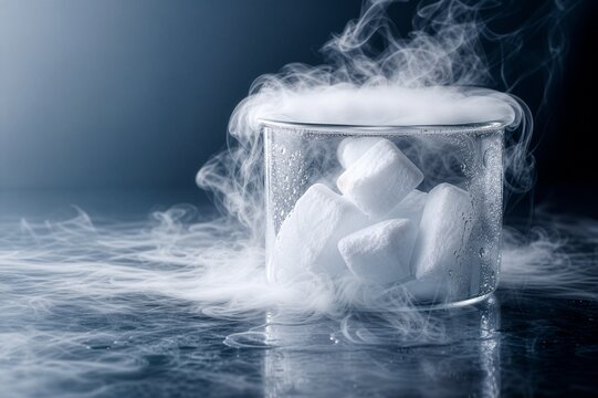 Dry ice sublimating from solid directly into gas, representing phase transition, physical science and states of matter.