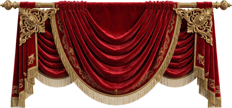 Luxurious red curtain swag with golden fringe trim cutout, elegant theater drapery element isolated on transparent background for award ceremony and stage backdrop graphic design