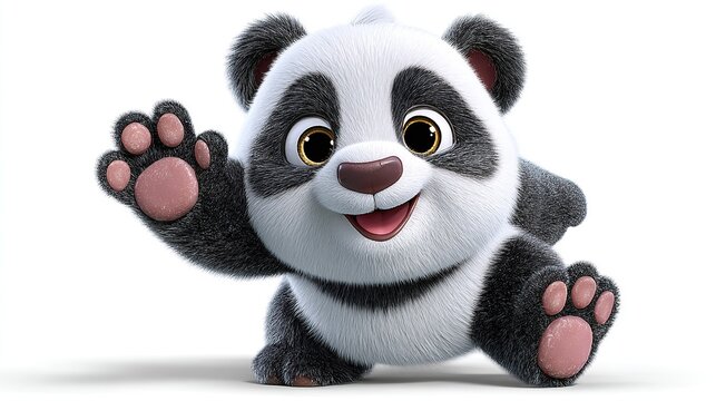 Adorable Panda Cub Waving: A cute and fuzzy panda cub with big eyes and a friendly smile waves its paw, radiating innocence and charm. This adorable creature is ready to capture hearts!