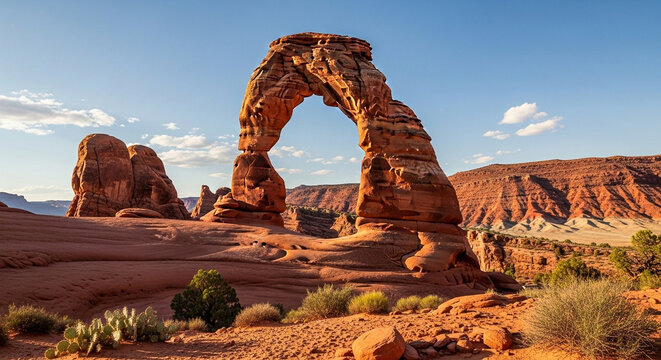 Stunning natural sandstone arch formation rising majestically under a bright blue sky filled with wispy clouds during golden hour in the American Southwest desert wilderness