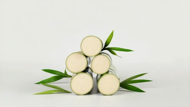 Fresh Bamboo Shoots Arranged with Green Leaves for Healthy Natural Food and Plant Based Culinary Concepts