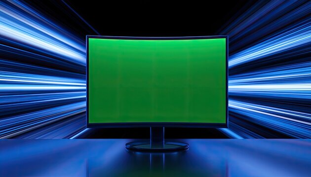 A curved computer monitor with a green screen sits on a desk against blue light