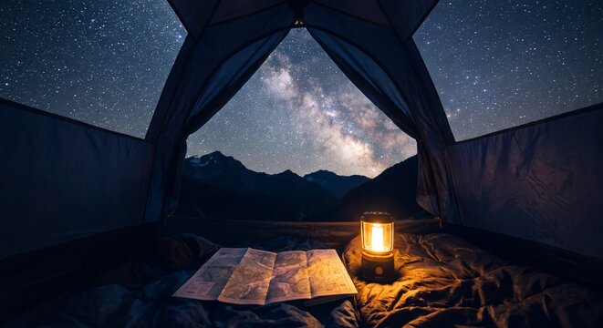 Adventure and wanderlust travel concept featuring a view from inside a tent at night of the Milky Way over mountains with a camping lantern and map