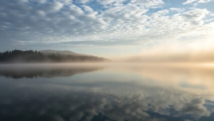 Naklejka premium Morning mist rising over calm lake surface with cloud reflections.