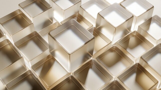 Transparent geometric cubes form abstract pattern with light and shadow play. Clean modern arrangement suggests data, tech, or luxury design. Blocks create dimensional visuals.