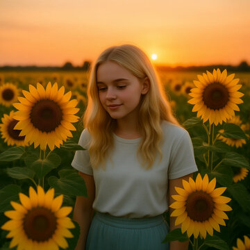 blondes M&auml;dchen mit Sonnenblumen