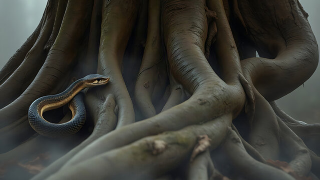 A serpent coiled around ancient tree roots in morning mist with subtle glow.