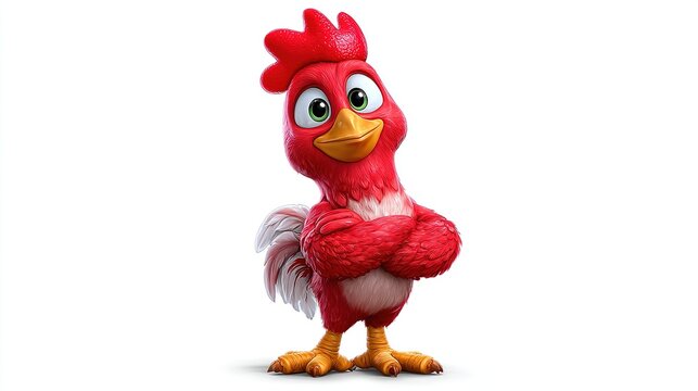 Cute Cartoon Rooster: A vibrant, red cartoon rooster with bright eyes and a cheerful expression stands confidently with its arms crossed.