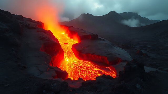 Volcanic eruption with glowing lava flowing down mountain, intense heat, fiery landscape.