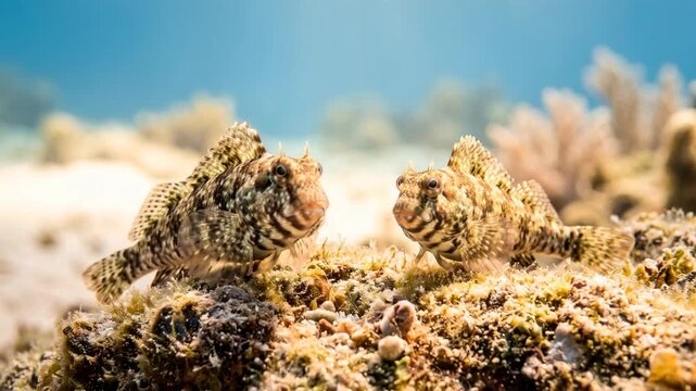 two lawnmower blenny close up underwater at morning light in great barrier reef australia video