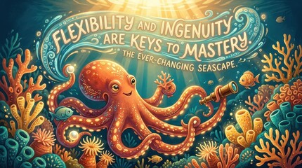 Fototapeta premium Whimsical Octopus Holding Telescope Amidst Coral Reef: Flexibility and Ingenuity are Keys to Mastery