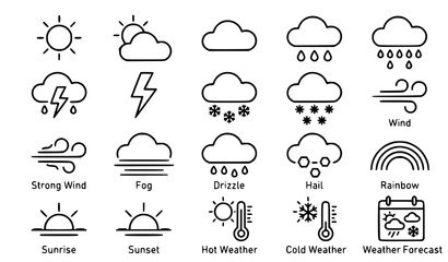 Obraz premium Weather icons black outline editable vector set isolated on white background