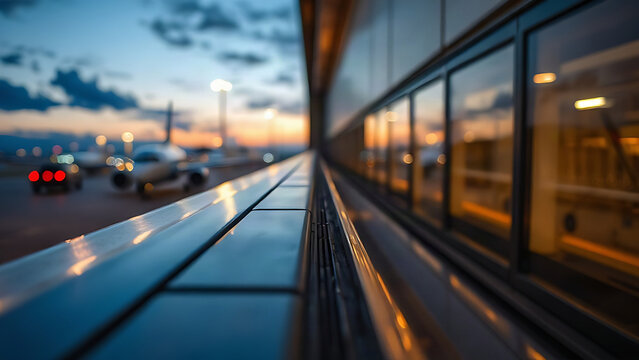 Close-up of an airport jetway's silver exterior connecting to an aircraft at dusk.