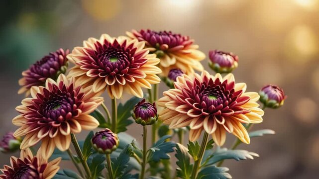 Colorful Chrysanthemum Flowers in Full Bloom with Purple and Cream Petals for Floral and Botanical Themes