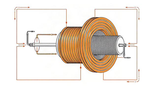 Technical illustration of rotating copper coils and magnetic poles.