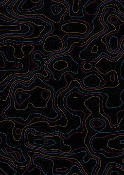 Wavy neon topographic contour lines pattern over a black textured backdrop.