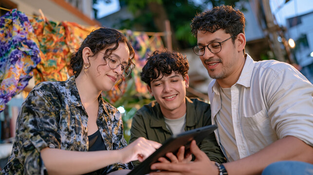 A tie dye artisan and a teenager work side by side at twilight examining a returns fraud prevention report on a tablet, vibrant fabric pieces hanging on a line behind them, intergenerational crafts 