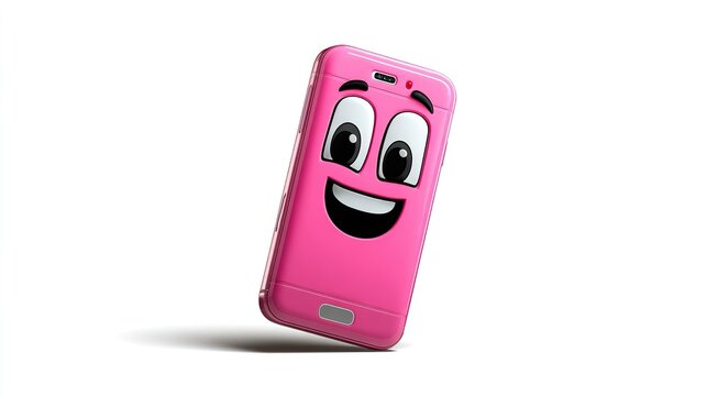 Playful Pink Smartphone Character: A vibrant pink smartphone comes to life with a cartoonish face, exuding fun and accessibility, ready to connect and entertain.