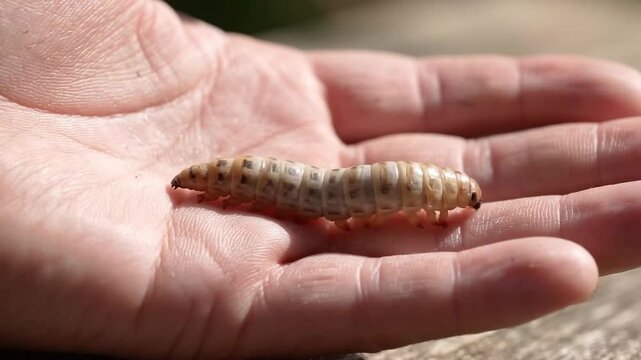 Beetle Larva Crawling on Open Human Palm