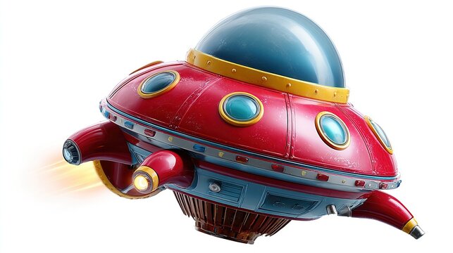 Retro Sci-Fi Flying Saucer: A vibrant red and blue retro-style flying saucer spaceship, illustrated in a whimsical cartoonish style.