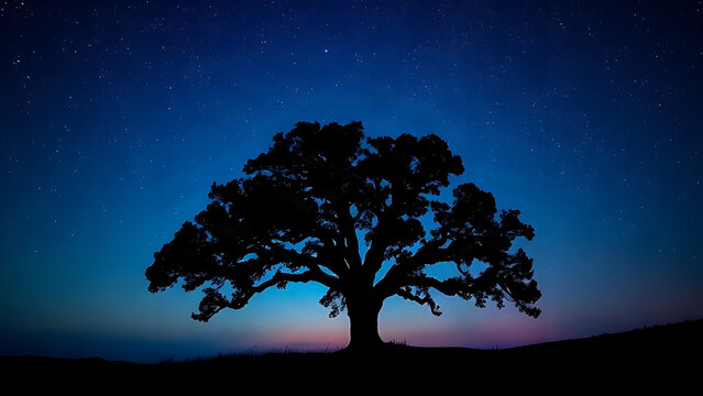 Silhouette of a solitary ancient oak tree against a vast starry night sky with a gradient horizon.
