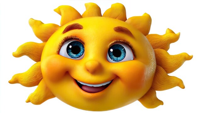 Cheerful Cartoon Sun Character: A bright, happy cartoon sun with a wide smile and twinkling blue eyes radiates warmth and positivity, ready to brighten any day.