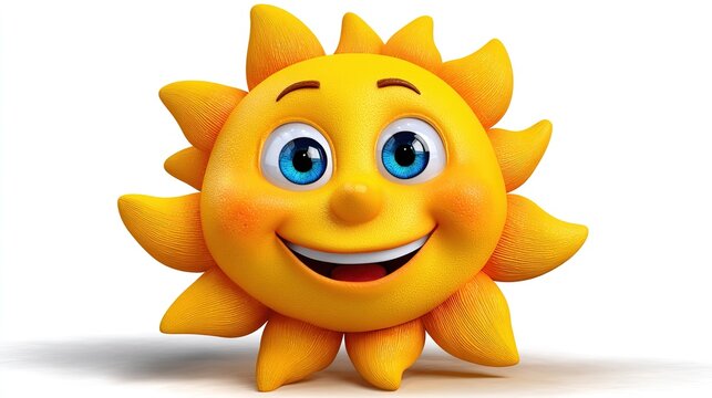 Smiley Sun Illustration: A cheerful cartoon sun character with a big smile, rosy cheeks, and bright blue eyes, radiating warmth and happiness.