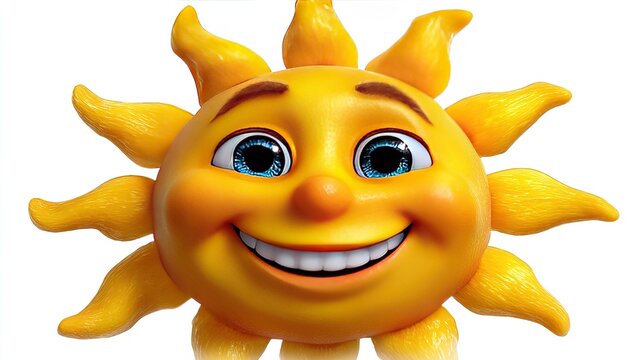 Happy Cartoon Sun: A cheerful, anthropomorphic sun character with a big smile and rosy cheeks radiates warmth and joy. Its bright yellow rays emanate outwards.