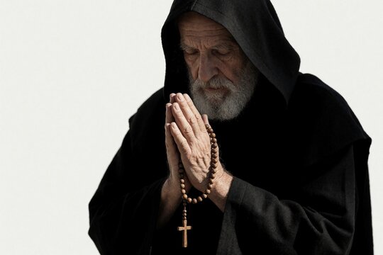 Elderly monk in black hooded robe prays with folded hands. Old man holds wooden rosary with cross. Religious person performs meditation worship in silence. Spiritual senior male shows devotion, faith