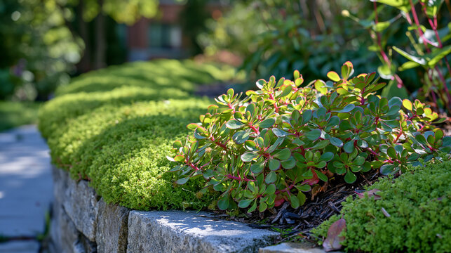 Curved green sedum rooftop edge detail isolated under harsh midday September sun, single object close up of planted succulent mat installed above urban parapet, aerial maintenance inspection, sustai