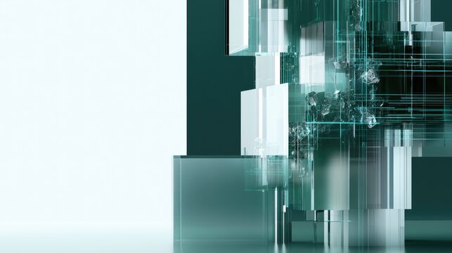 Abstract geometric composition with translucent cubes and grid elements