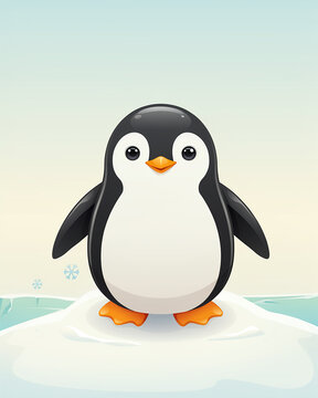 Cute cartoon penguin standing on ice