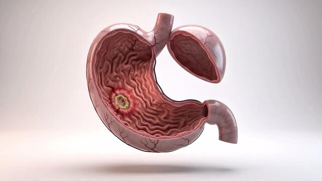 3D medical illustration of a human stomach cross-section showing a peptic gastric ulcer and bacterial infection with Helicobacter pylori on a neutral background.