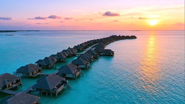 Maldives resort viewed from above, thatched overwater bungalows arranged along a long pier over clear turquoise ocean, warm sunset reflections, tropical island, Maldives, luxury