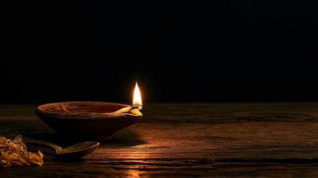 A small clay oil lamp glows with a warm flame resting on a dark wooden surface