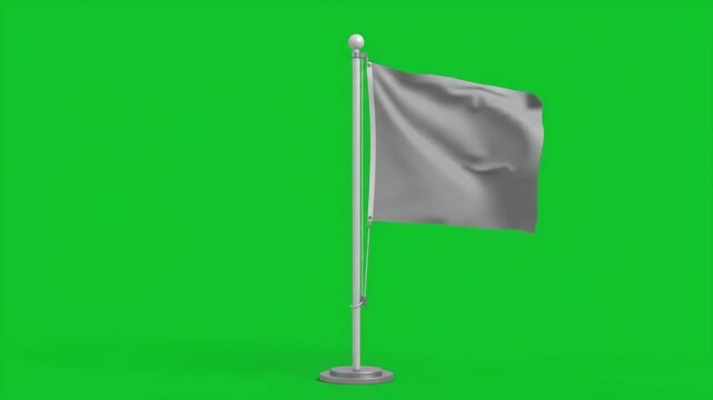 Blank white flag waving in the wind on a green screen background, perfect for chroma keying and custom branding.