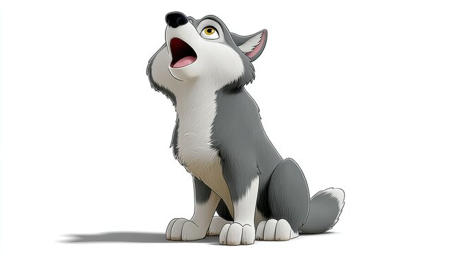 Animated Wolf Pup Howling: An adorable animated wolf pup with striking grey and white fur sits on a clean white background, head tilted back, mouth open in a classic howl.