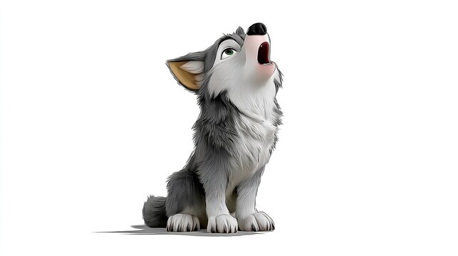 Whimsical Wolf Pup Howling: A charming cartoon wolf pup sits, with its head tilted back and mouth open, letting out a cheerful howl, embodying playful innocence.