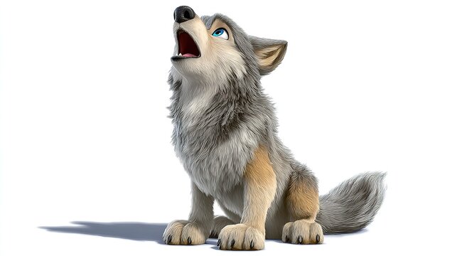 Cartoon Wolf Howling: A charming cartoon wolf sits upright, head tilted back, and mouth open in a loud howl, showcasing its playful and wild spirit in an artistic rendition.