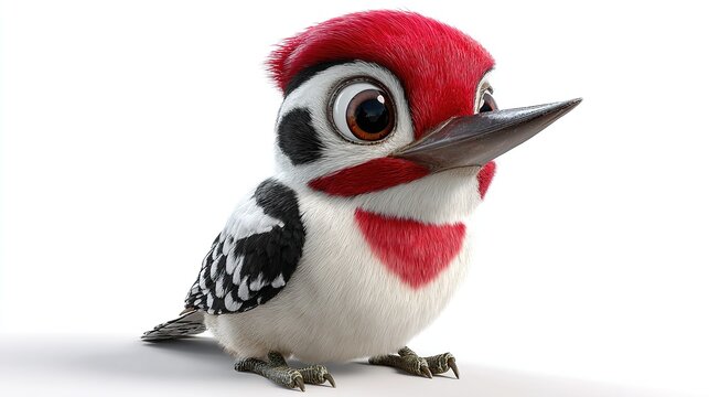 Cartoon Woodpecker Character: A whimsical and adorable cartoon woodpecker with big eyes and vibrant red markings sits perched, showcasing its playful personality and charming design.