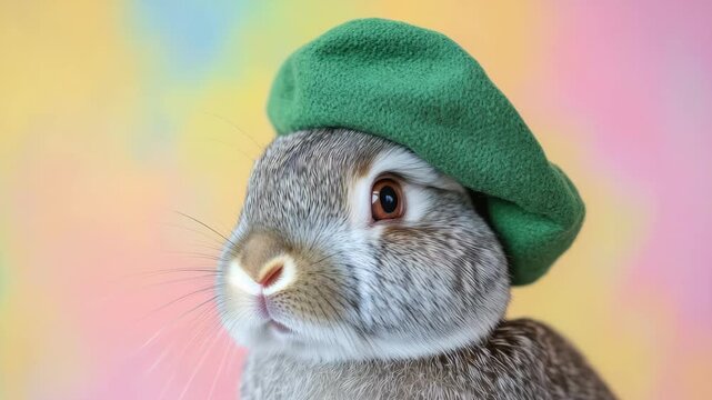 Close-up of a Fluffy Rabbit Wearing a Green Beret