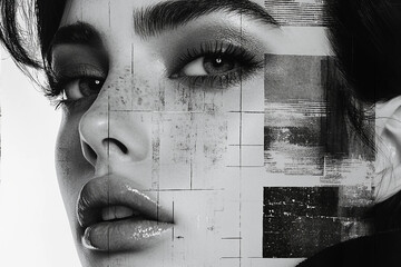 Obraz premium Generative AI black and white artistic collage of a serene woman with textured abstract elements in a spring-inspired composition