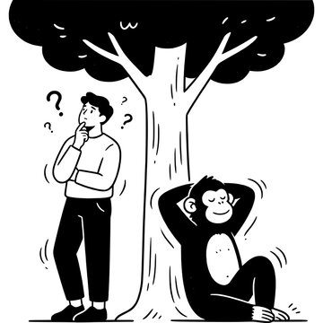 Think and Stop Overthinking vector illustration featuring a thoughtful person contrasted with a calm relaxed monkey. A humorous conceptual design representing decision making, overthinking, mindfulnes