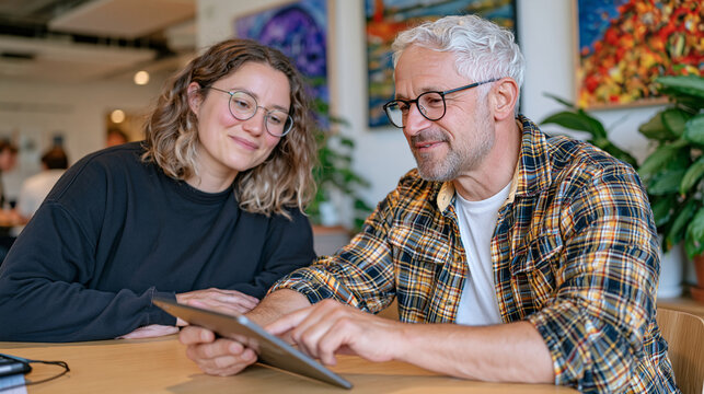 Usability testing session with elderly participant and young researcher seated at warm lit interface lab table, grandfather navigating prototype tablet while twenty something analyst observes, inter